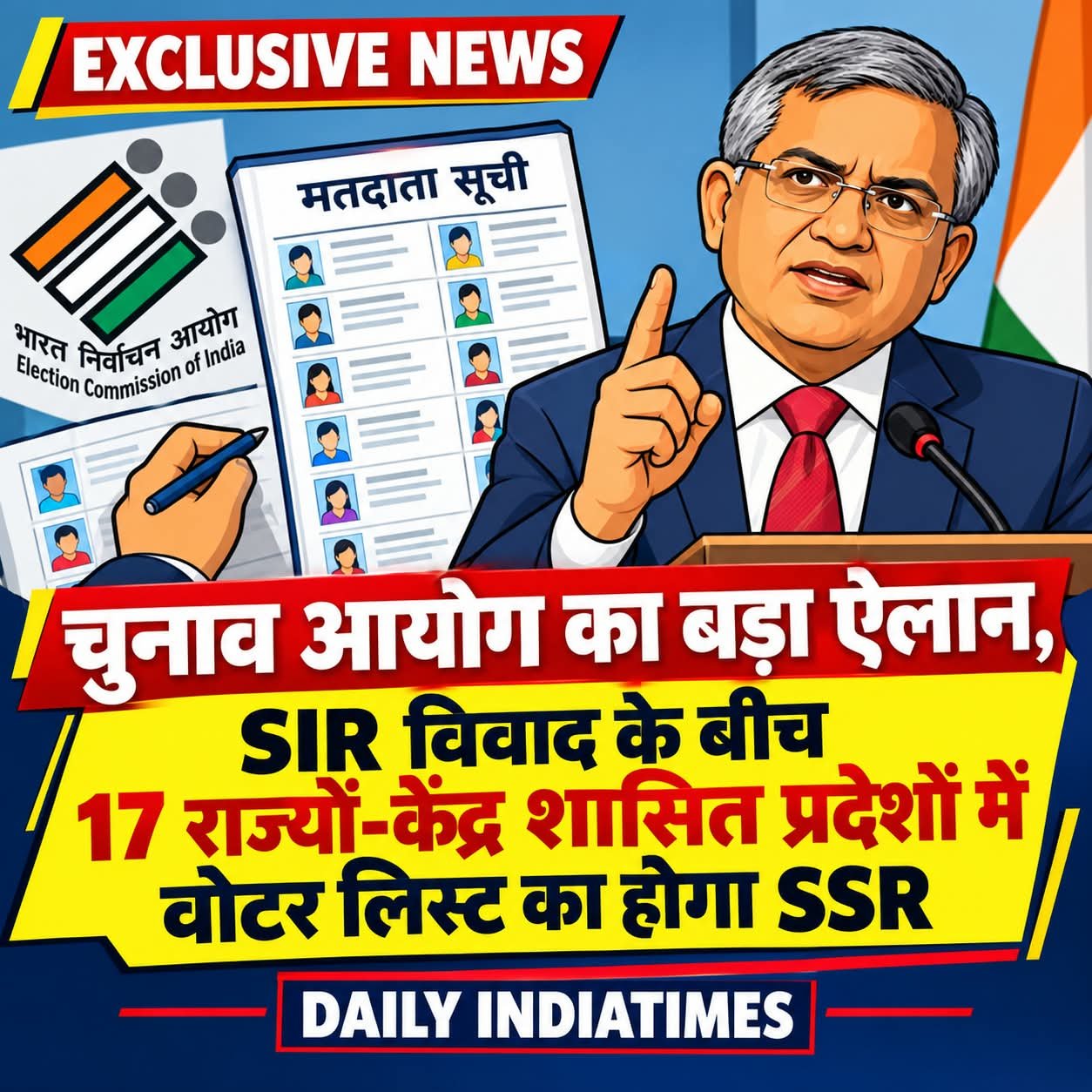 सबसे बड़ी खबर:चुनाव आयोग का बड़ा ऐलान, SIR विवाद के बीच 17 राज्यों-केंद्र शासित प्रदेशों में वोटर लिस्ट का होगा SSR.. DAILY INDIA TIMES DIGITAL NEWS PLATFORM
